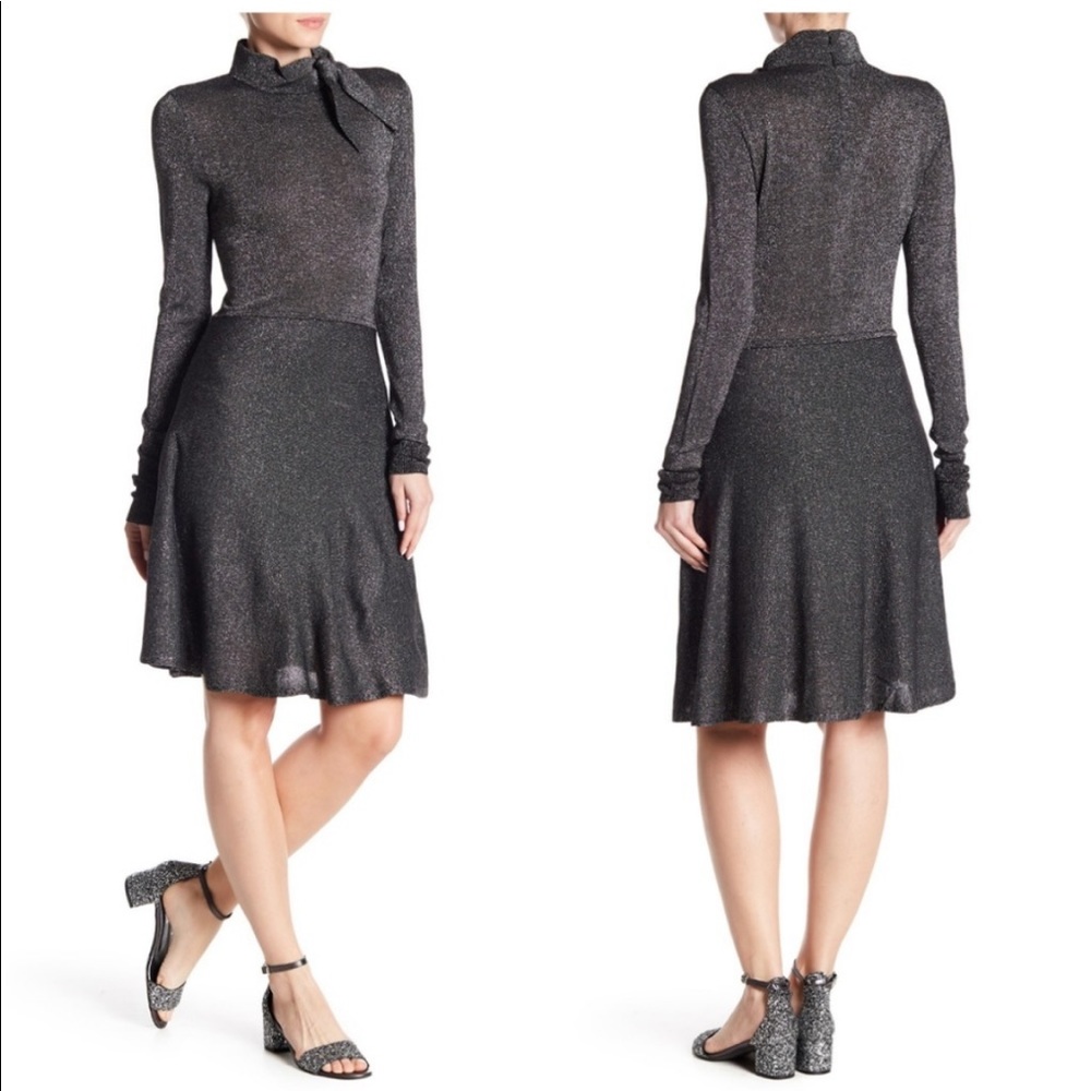 Eliza J mock neck knit tie neck sparkly black and silver dress a-line size small